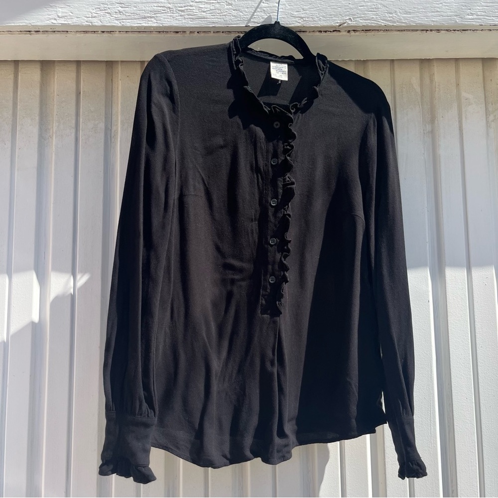 BAUM UND PFERDGARTEN black ruffle collar polo long sleeve shirt‎ blouse